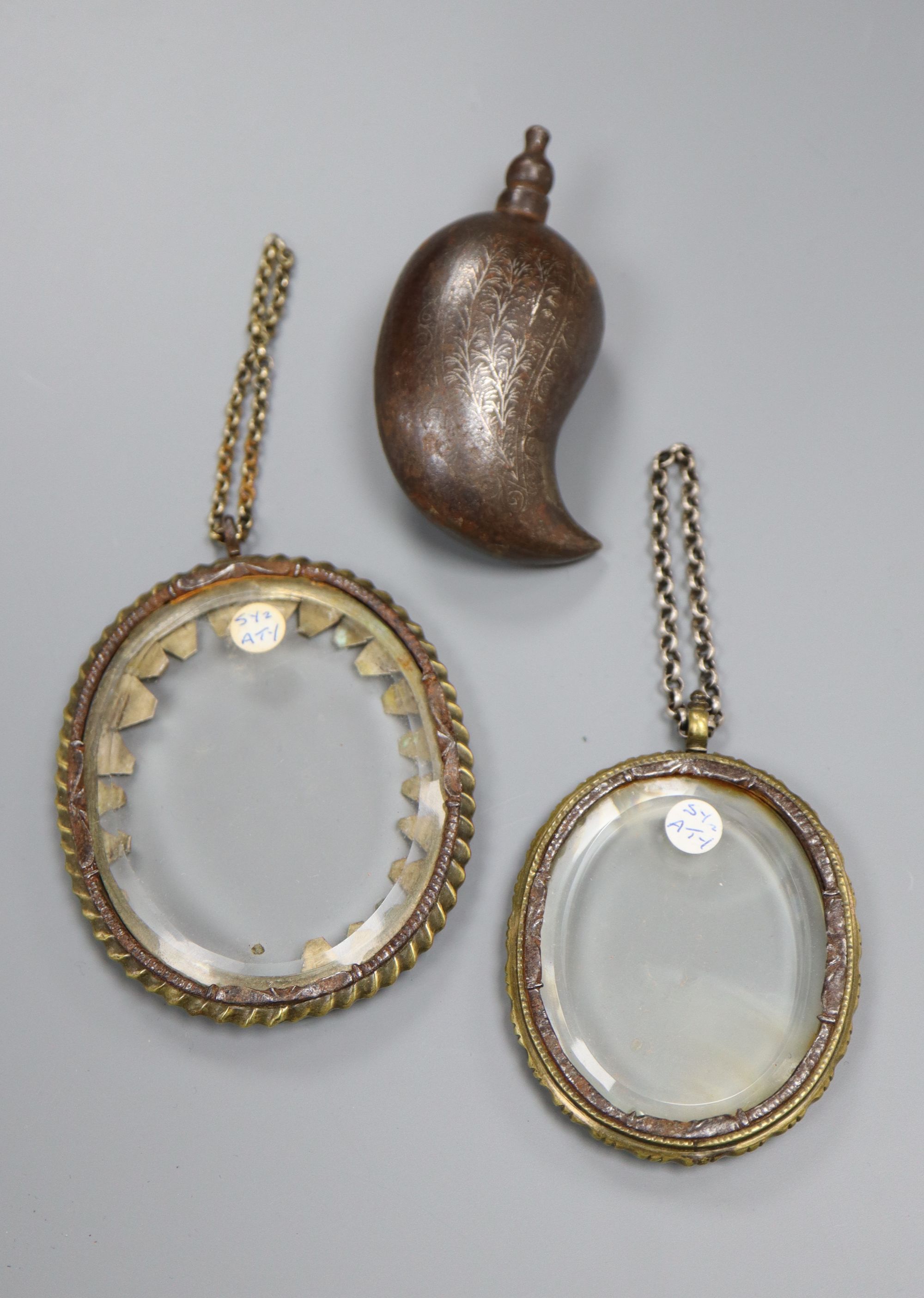 Two early miniature frames and a Bidri ware scent bottle